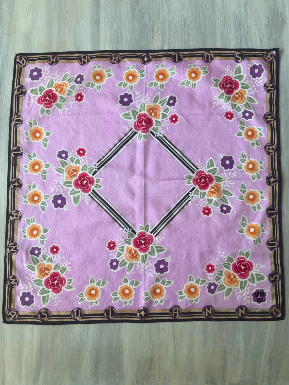 Anna Sui floral cotton scarf Bandana Roses Butterfly Purple Hair Bow Bag Scarf